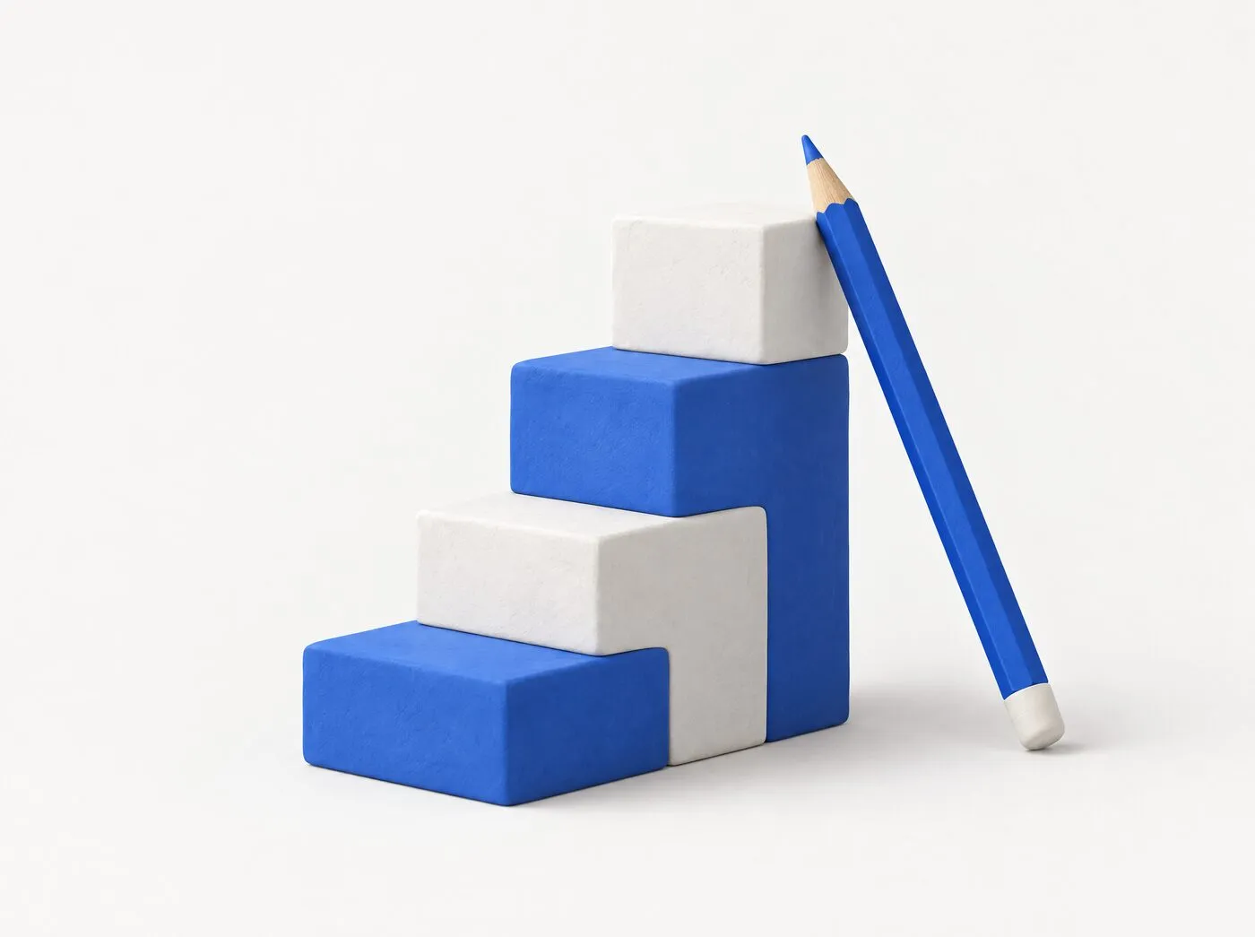 Clay model of a staircase of blue and white blocks with a blue pencil leaning against it